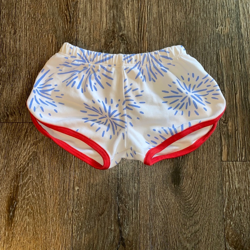 The Beaufort Bonnet Company White & Blue Firework Print Shorts with Red Trim